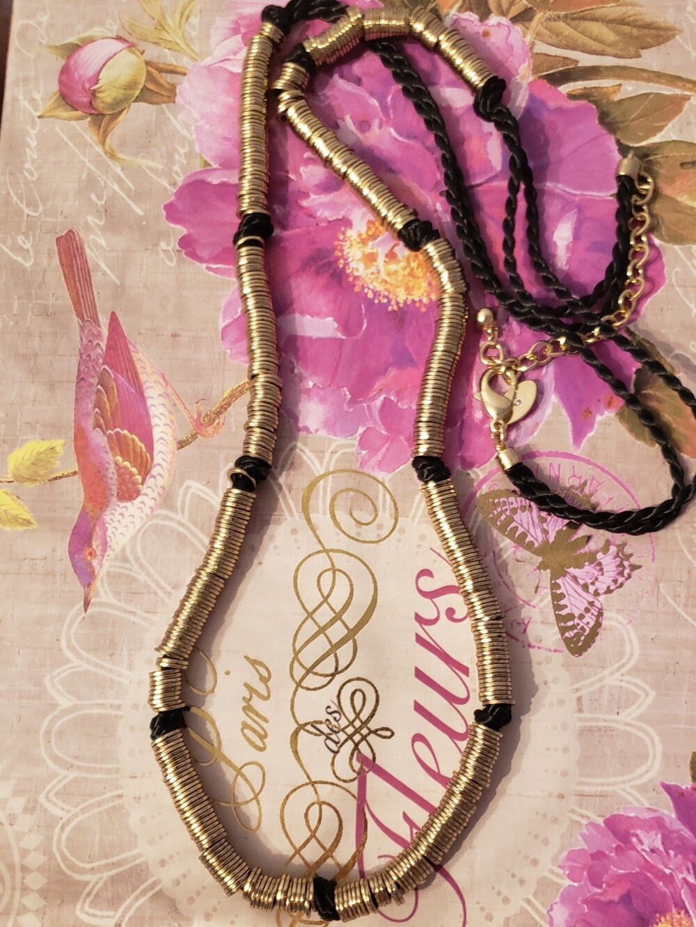 Very Rich Chico's Brand Goldtone Rings & Black Silk Extra Long, Weighty Necklace